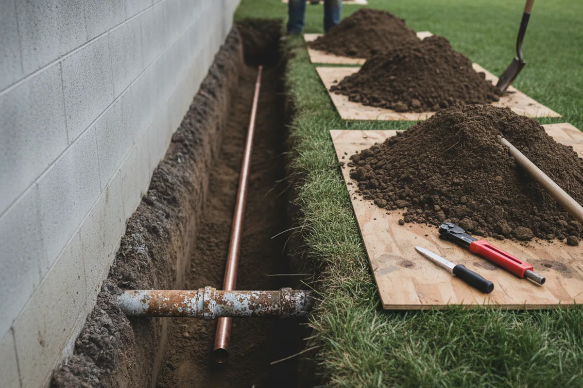 Excavated water line trench during Water Softener Installation in Jenners
